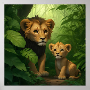 Affiche un minuscule lion avec un grand coeur dans la jung