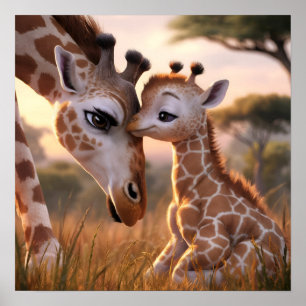 Affiche Un moment tendre de girafe : la mère et le bébé s'