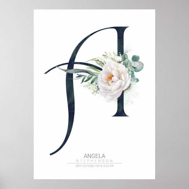 Affiche Un monogramme de lettre blanche fleurs et verdure (Devant)