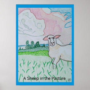 Affiche Un mouton dans le pâturage Épaisse frontière bleue