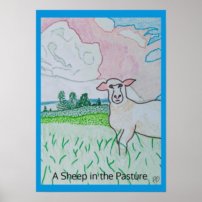 Affiche Un mouton dans le pâturage Épaisse frontière bleue (Devant)
