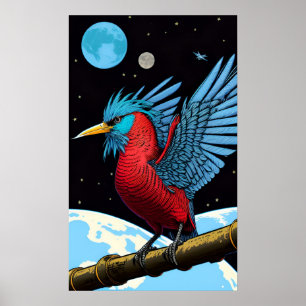 Affiche Un oiseau avec un bâton dans l'espace