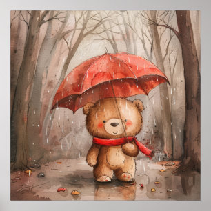 Affiche Un ours en peluche mignon sous la pluie