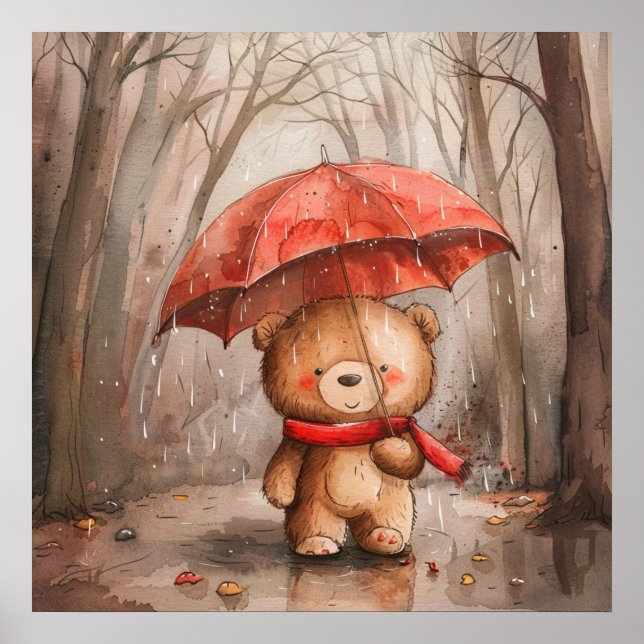 Affiche Un ours en peluche mignon sous la pluie (Devant)