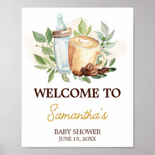 Affiche Un panneau de bienvenue Bébé prépare du café