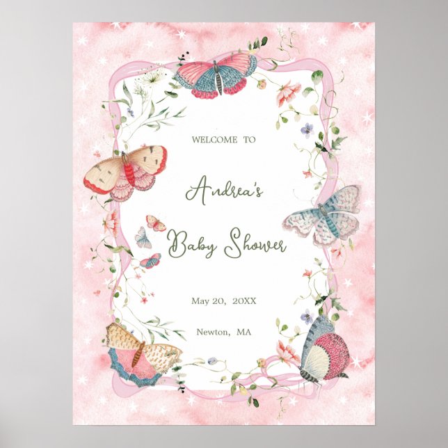 Affiche Un Papillon Bébé Sur Le Chemin Baby shower Bienven (Devant)