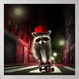 Affiche Un patineur de raton laveur dans une rue la nuit