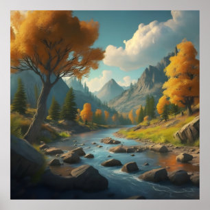 Affiche un paysage d'automne avec des arbres, des montagne