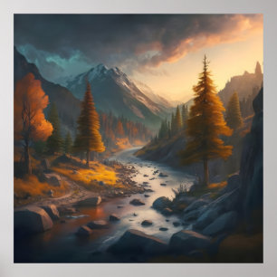 Affiche un paysage d'automne avec des arbres, des montagne