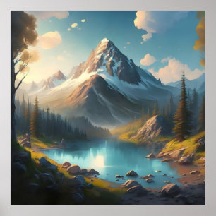 Affiche un paysage de montagne avec un lac et une montagne