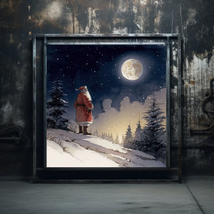 Affiche Un Père Noël noir sans fin regarde la lune de Noël