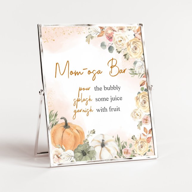 Affiche Un Petit Baby shower Automne Citrouille Maman Osa  (Fall Floral Pumpkin Baby Shower Mom Osa Bar Sign)