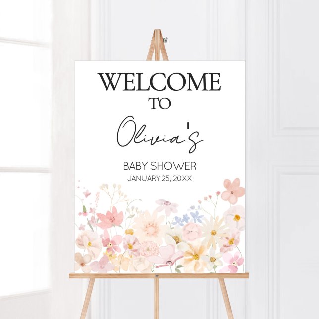 Affiche Un Petit Fleur sauvage Est En Chemin D'Accueil (Floral Little Wildflower Is On The Way Baby Shower Welcome Sign)