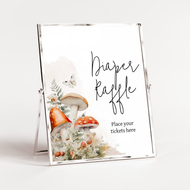 Affiche Un Petit Fungi Enchantée Mousseux Raffin De Cuisse (Little Mushroom Baby Shower Diaper Raffle Sign)