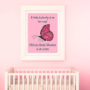 Affiche Un petit papillon est en chemin baby shower rose