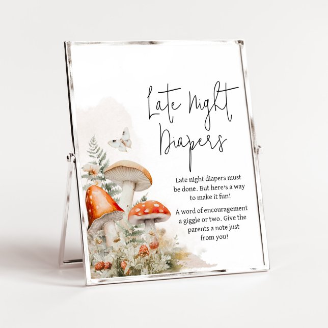 Affiche Un Peu De Champignons Enchantés Des Diapositives D (Little Mushroom Baby Shower Late Night Diapers Sign)