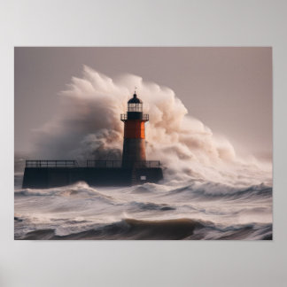 Affiche Un phare entouré de vagues