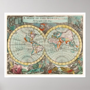 AFFICHE "UN PLAN DU MONDE" 1682 PAR JOHN PLAYFORD