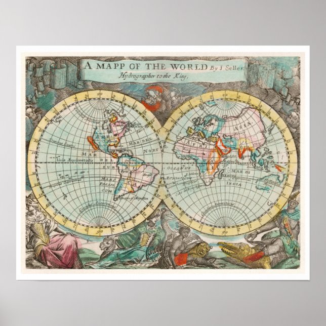 AFFICHE "UN PLAN DU MONDE" 1682 PAR JOHN PLAYFORD (Devant)