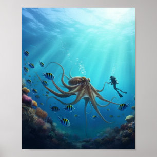 Affiche Un plongeur aperçoit une créature marine géante