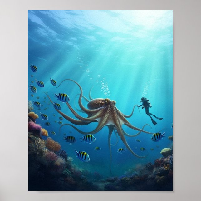 Affiche Un plongeur aperçoit une créature marine géante (Devant)