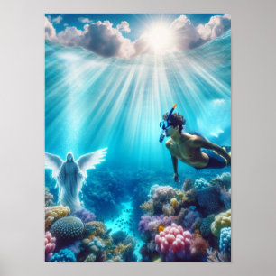 Affiche un plongeur en apnée trouve un ange dans le récif