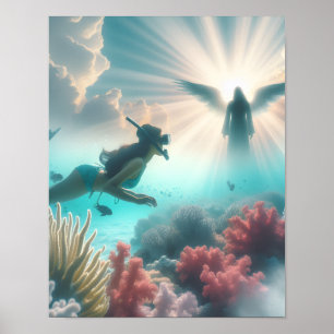 Affiche Un plongeur en apnée trouve un ange dans le récif