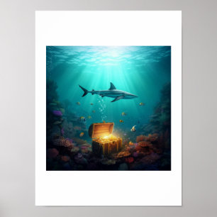 Affiche Un requin des récifs gardant un trésor