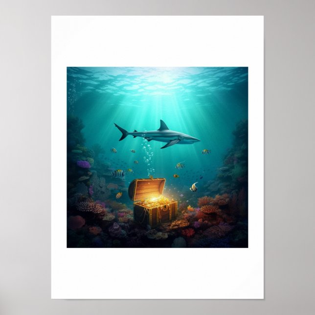 Affiche Un requin des récifs gardant un trésor (Devant)