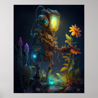 Affiche Un robot regarde les fleurs