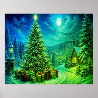 Affiche Un sapin de Noël très vert et bleu au bord de la r