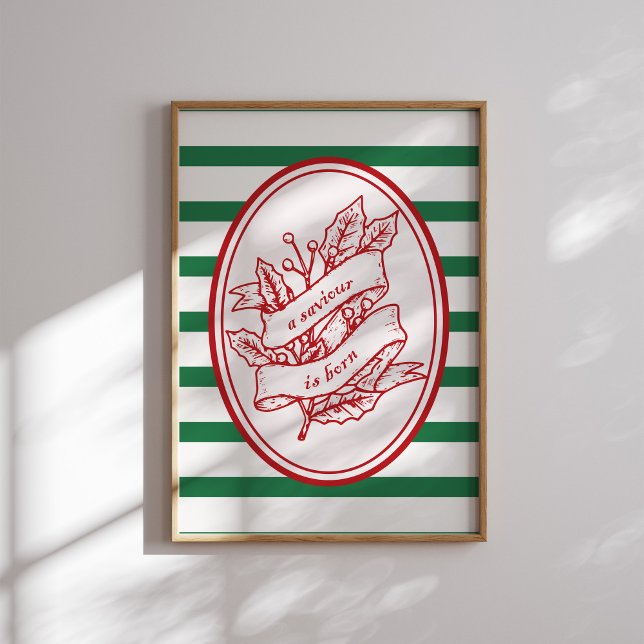 Affiche Un Sauveur Est Né Red Holly Banner Noël (Créateur téléchargé)