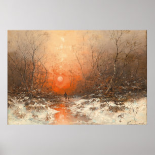 Affiche Un sentier forestier avec chasseur au coucher du s