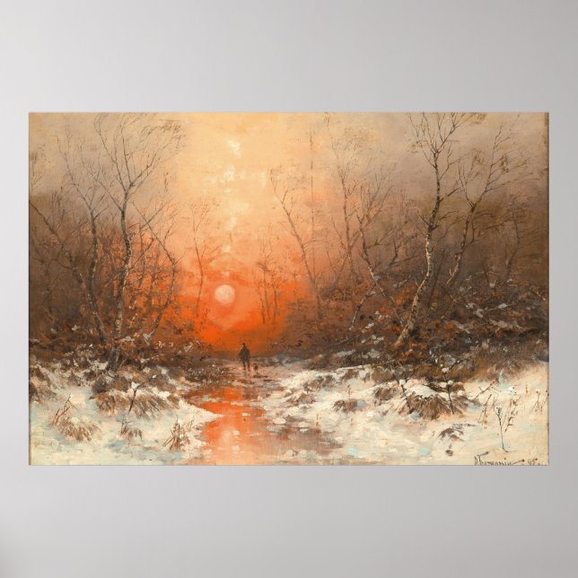 Affiche Un sentier forestier avec chasseur au coucher du s (Devant)