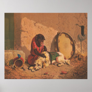 Affiche Un Singe Et Un Chien Avec Un Grand Tambourin