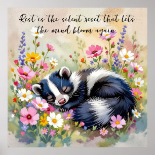 Affiche Un skunk adorable dormant dans des fleurs et citat