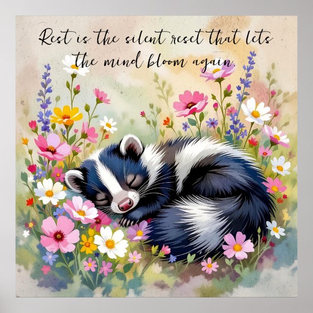 Affiche Un skunk adorable dormant dans des fleurs et citat (Devant)