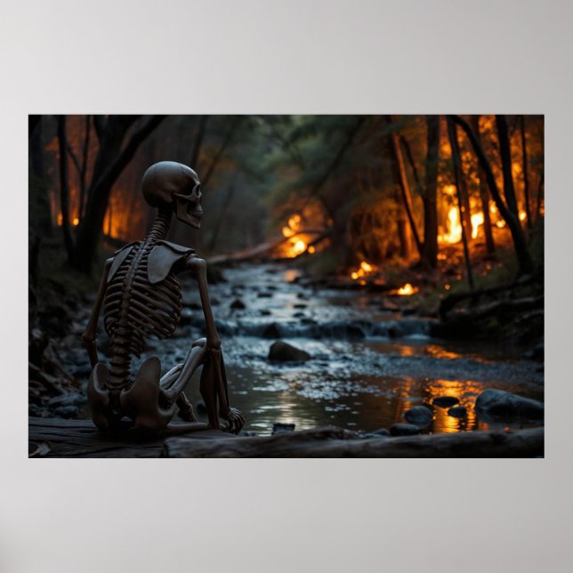 Affiche Un squelette regarde un feu de forêt sur la rivièr (Devant)