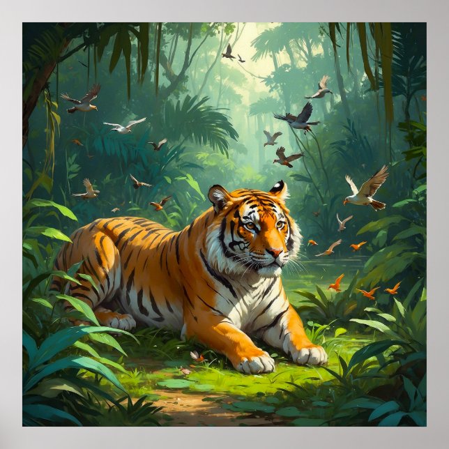 Affiche Un tigre au calme dans la jungle avec peinture d'o (Devant)
