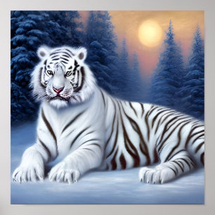 Affiche Un tigre blanc assis dans la neige