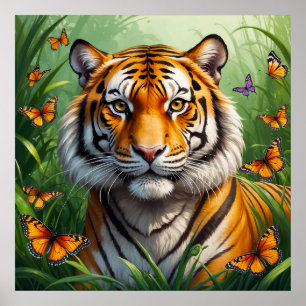 Affiche Un tigre sérieux avec des papillons dans la jungle