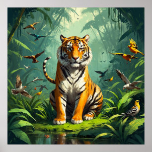 Affiche Un tigre unique assis dans la jungle avec des oise