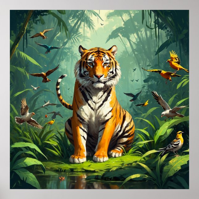 Affiche Un tigre unique assis dans la jungle avec des oise (Devant)
