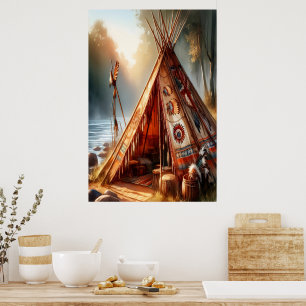 Affiche Un tipi indien paisible au bord d'une rivière sere