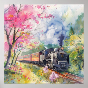 Affiche Un train au printemps