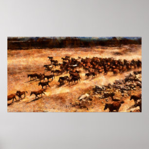 Affiche Un troupeau de chevaux sauvages en course. OEuvre 