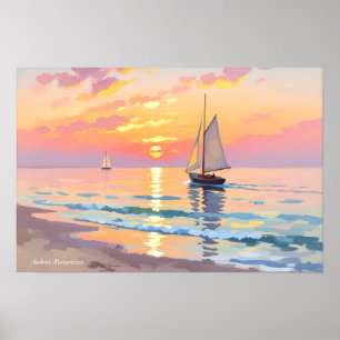 Affiche Un voilier au coucher du soleil sur la mer