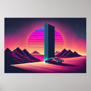 Affiche Un volant Synthwave à travers le désert