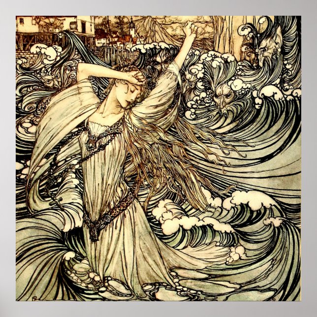 Affiche « Undine dans les vagues » par Arthur Rackham (Devant)