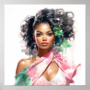 Affiche Une Africaine Américaine Peinture rose et verte